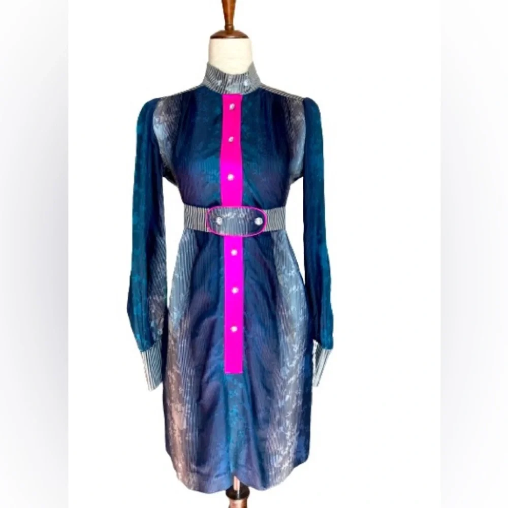 SOLD Matthew Williamson Silk & Wool Blend Blue/Silver Button Down Shirt Dress, - Picture 2 of 8